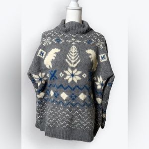 Large Men’s Christmas sweater Vintage 100% Wool Hand Knitted Cowl Neck - Gray